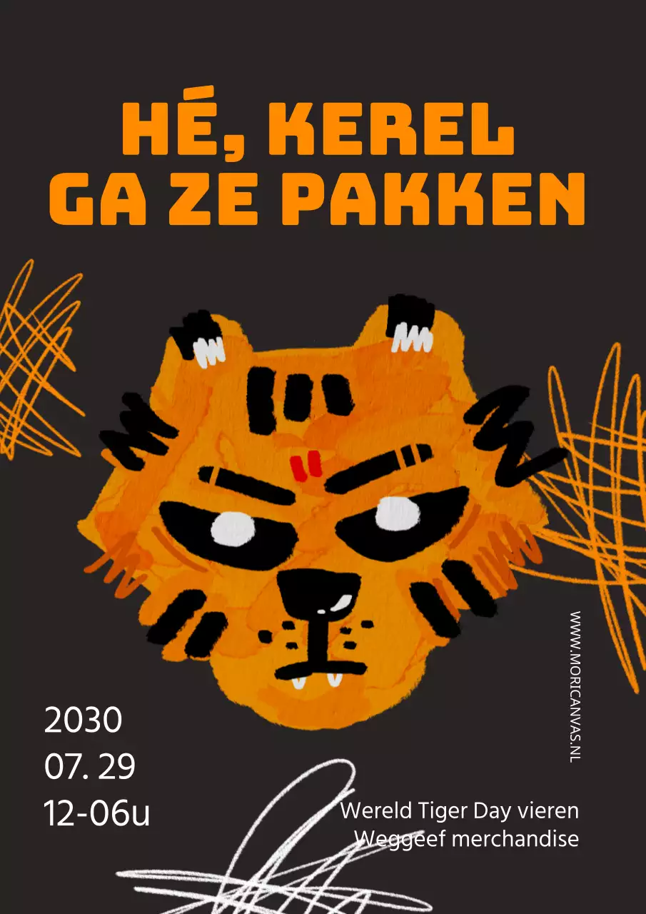 Schattige aquarel tijgerhandafdruk in zwart en oranje