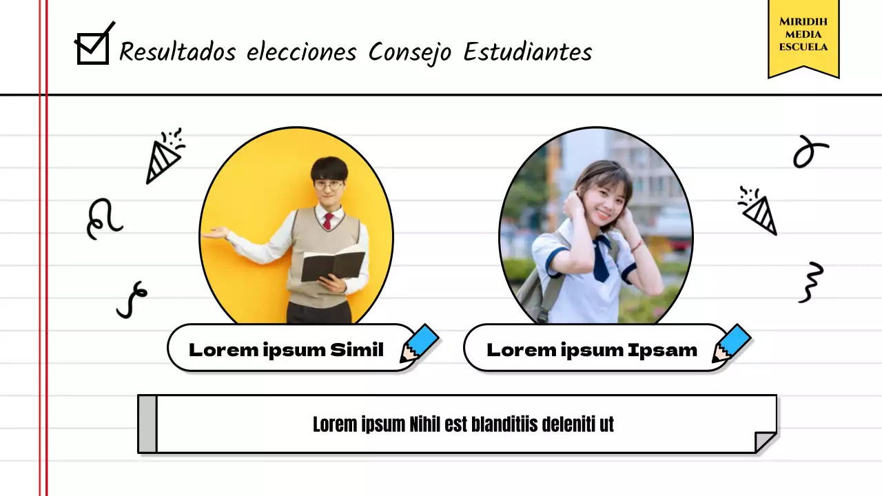 Anunciar los resultados de las elecciones al consejo de estudiantes con un bonito concepto de cuaderno amarillo.