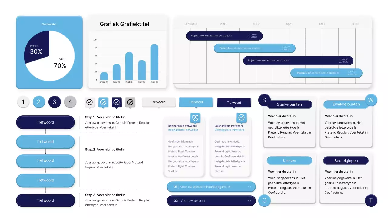 UX UI-stijlkit met een driedimensionaal gevoel in lichtblauw en marineblauw