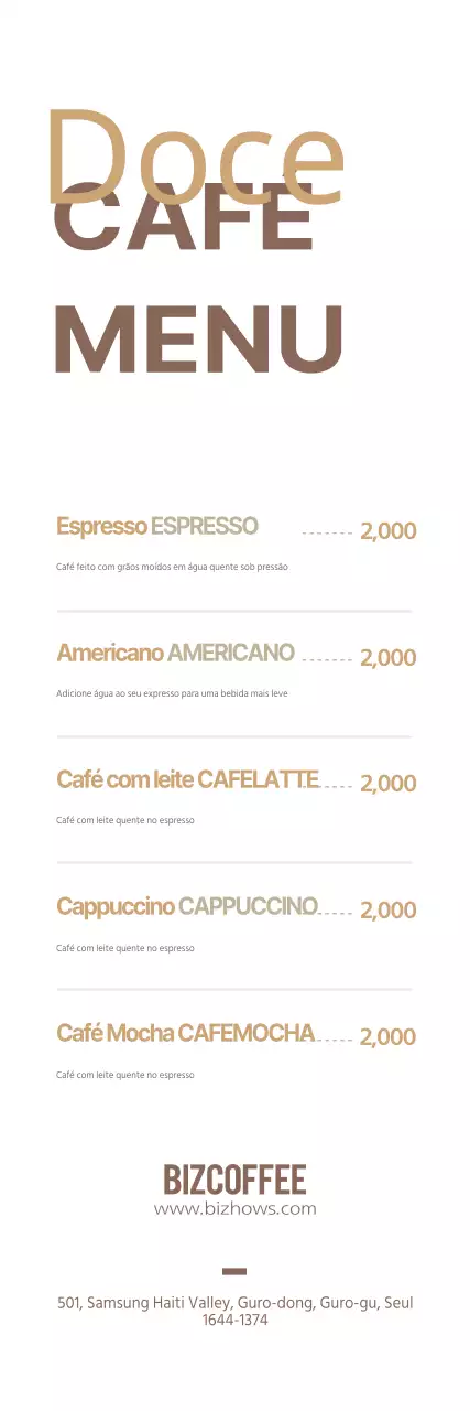 Menu de café