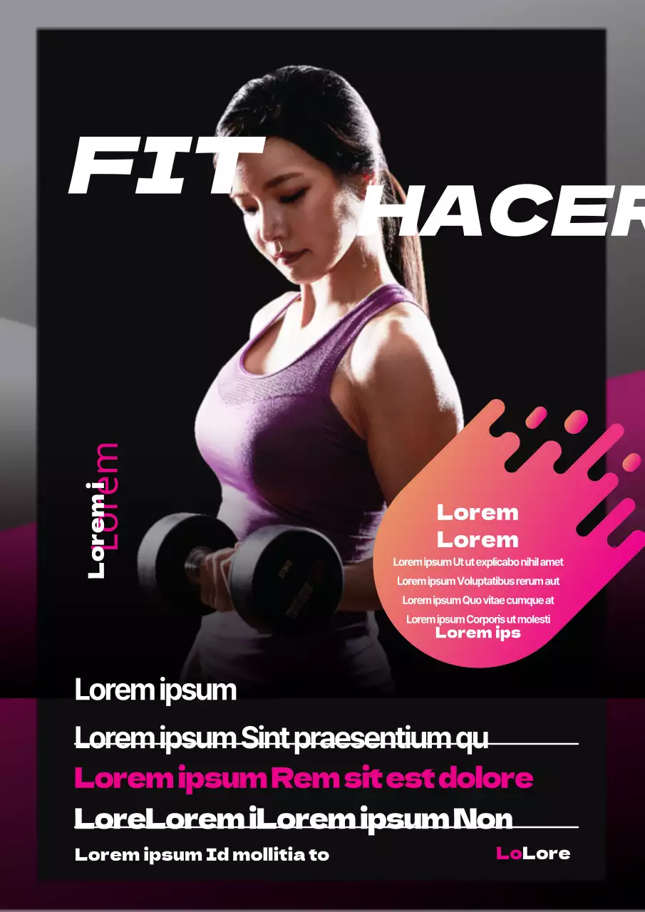 Elegante folleto promocional de descuentos para eventos de fitness en negro y rosa