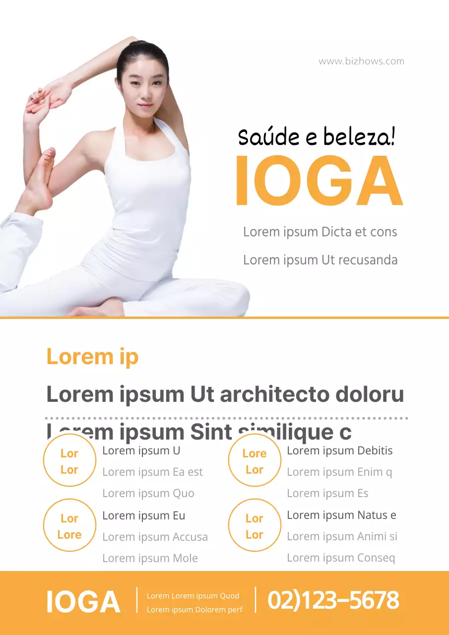 Promoção de uma escola de ioga com palavras-chave de saúde e beleza em laranja e branco