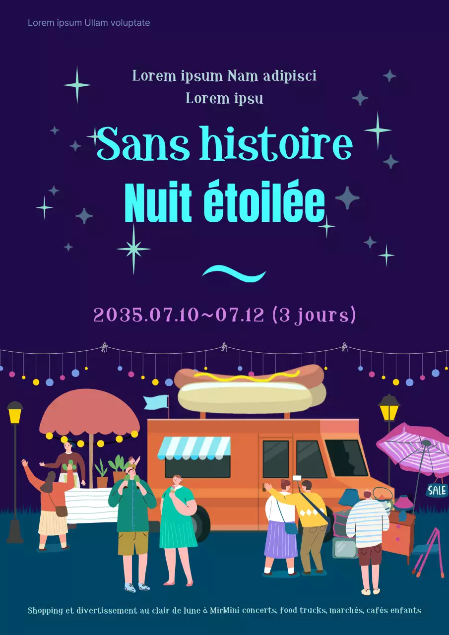 Une nuit étoilée avec des illustrations du ciel et du marché nocturnes