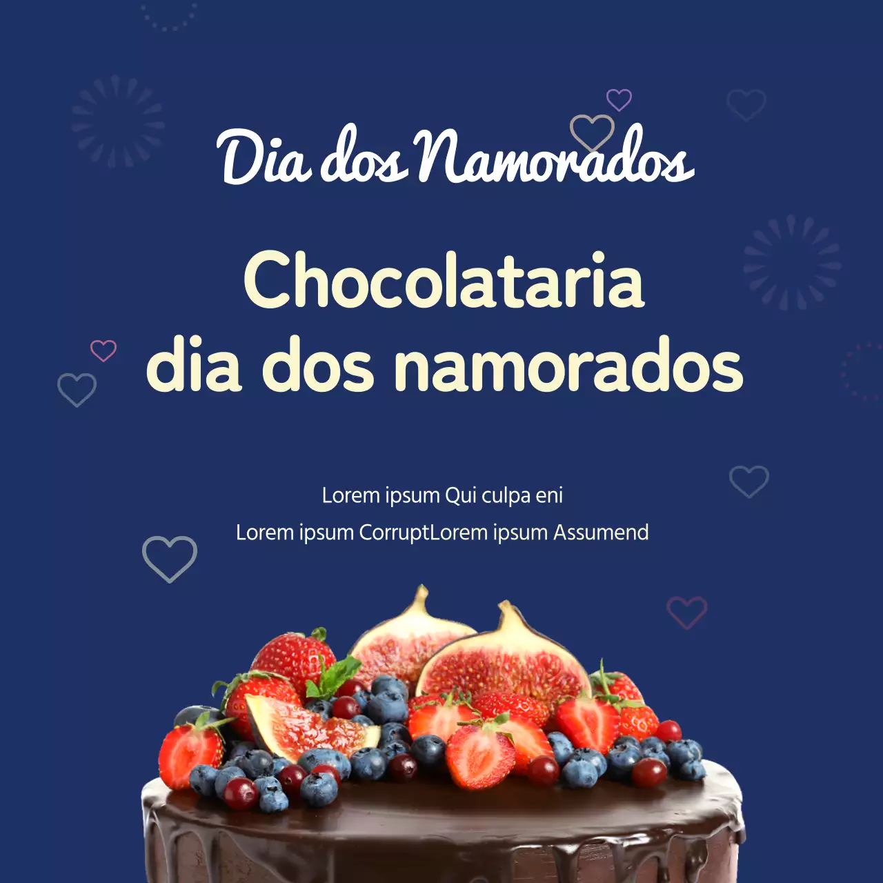 Um bolo de chocolate elegante para o Dia dos Namorados, em azul e amarelo