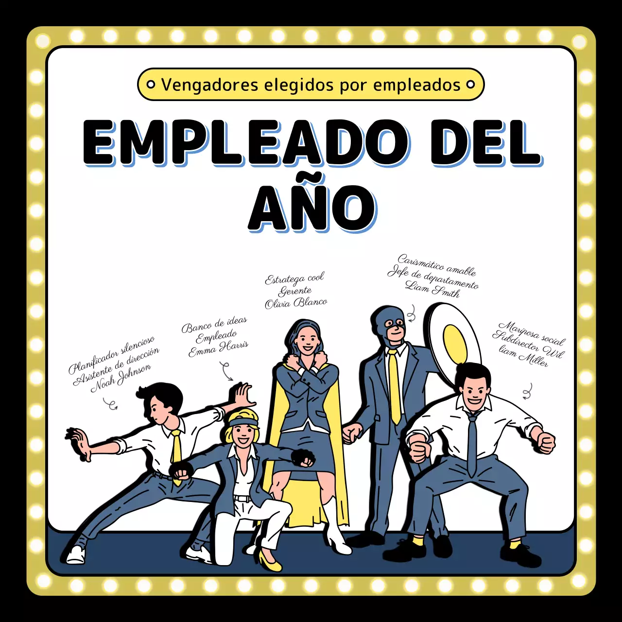 Ilustración del evento de fin de año en amarillo azul negro
