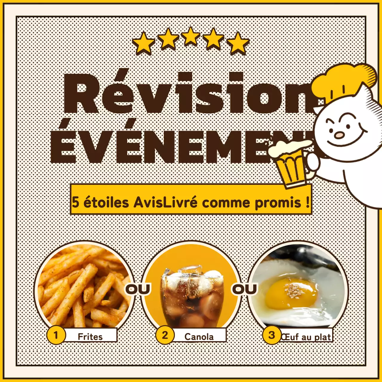 Yellow, beige, and brown delivery food review event