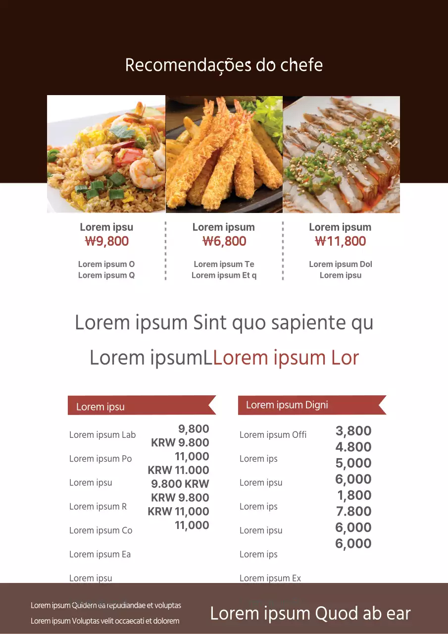 Guia de menus com imagens de alimentos a castanho e vermelho