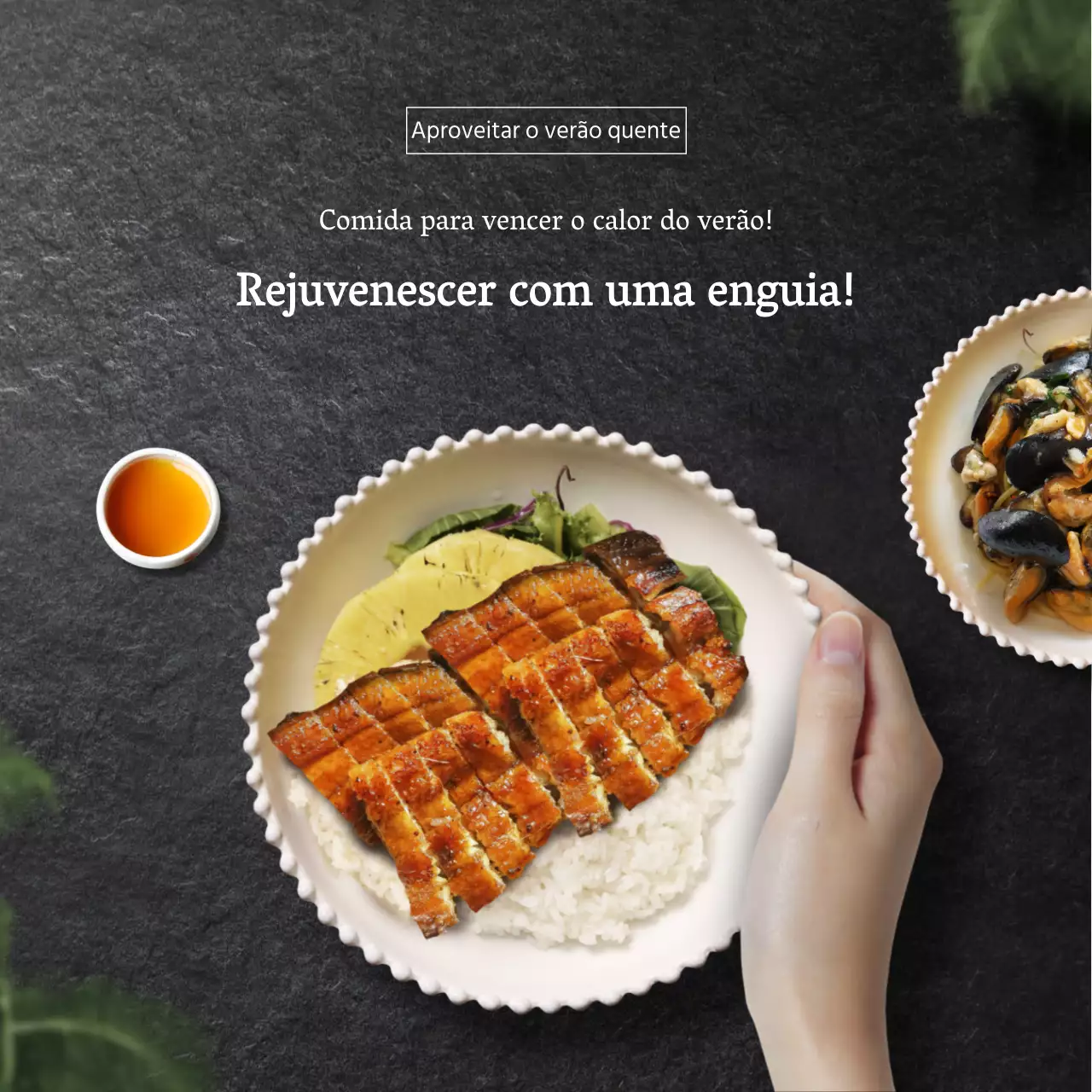 Taças de arroz de enguia com toques de imagem simples e pretos