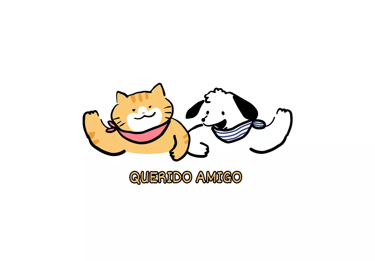 Desenho com ilustrações a traço de gatos e cães giros a dizer olá em cores diferentes