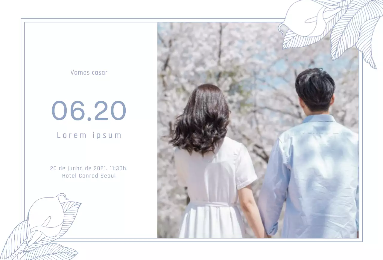 Convite de casamento com fotografia Postal horizontal com ilustração azul clara