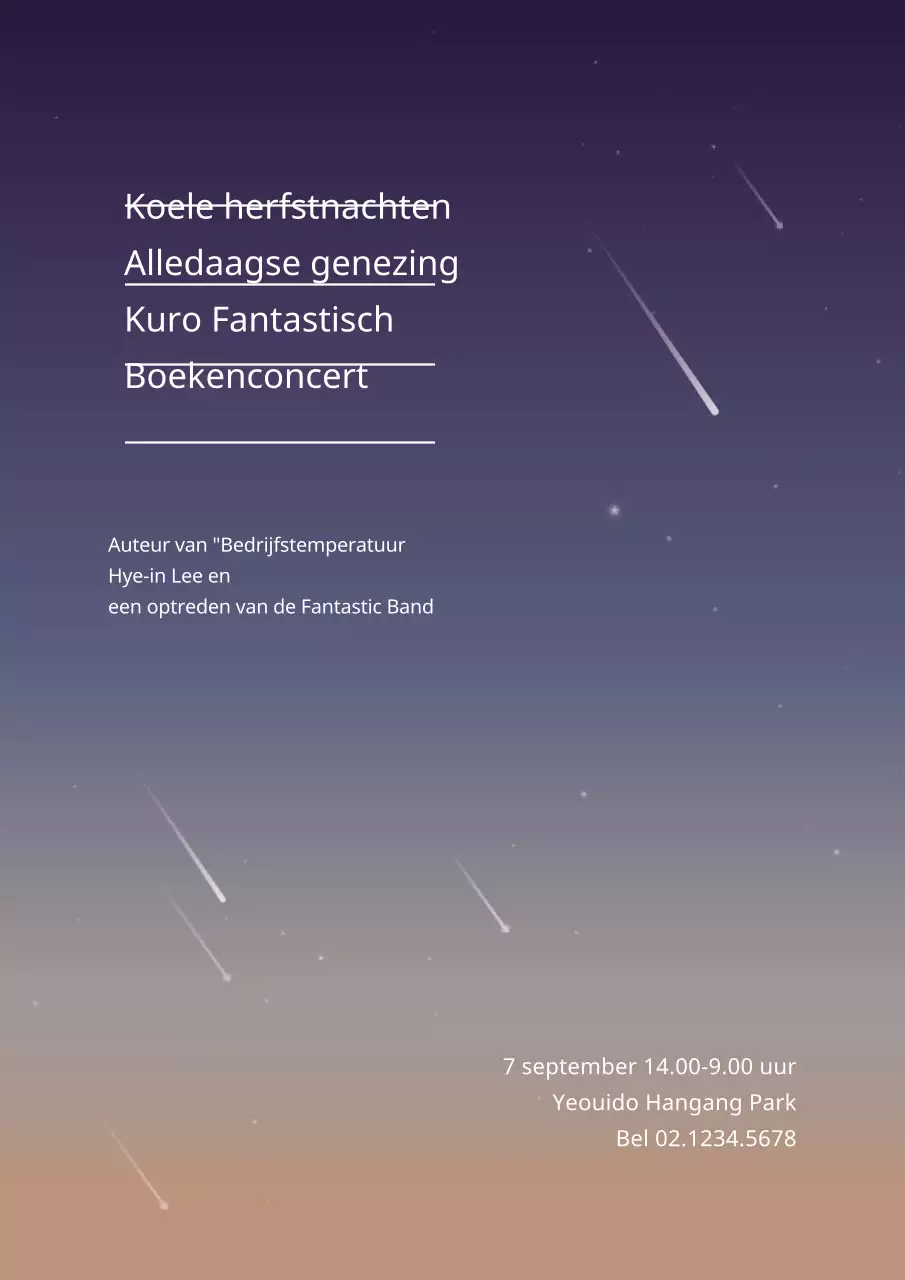 Promoot een concert met een illustratie van een nachtelijke hemel met blauwe en bruine vallende sterren