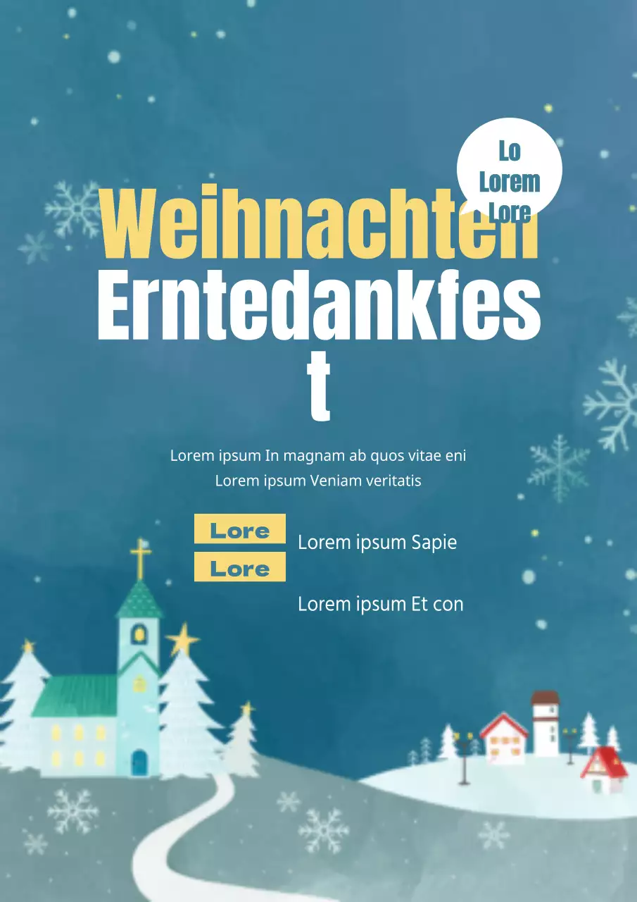 Werbung für einen Weihnachtsgottesdienst mit einer blauen Winterlandschaft