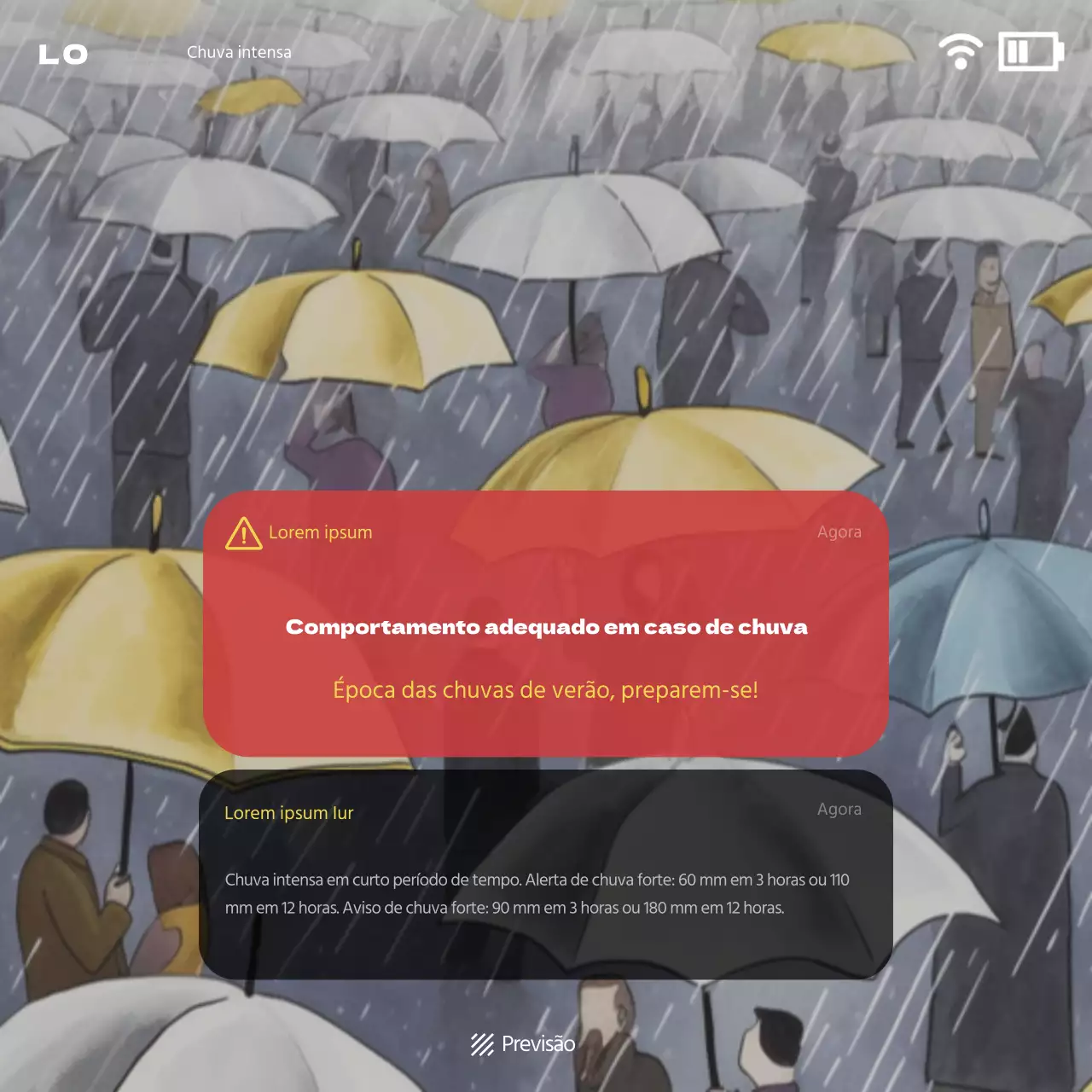 Conceito moderno de texto de alerta de catástrofe em vermelho e azul Informação de aviso de chuva forte
