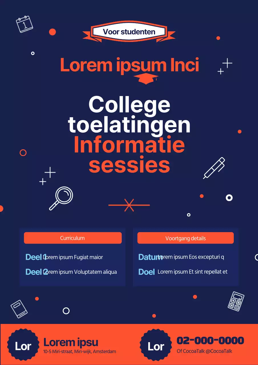 De oranje-navy blue combinatie valt op bij toelatingsbeurzen voor universiteiten