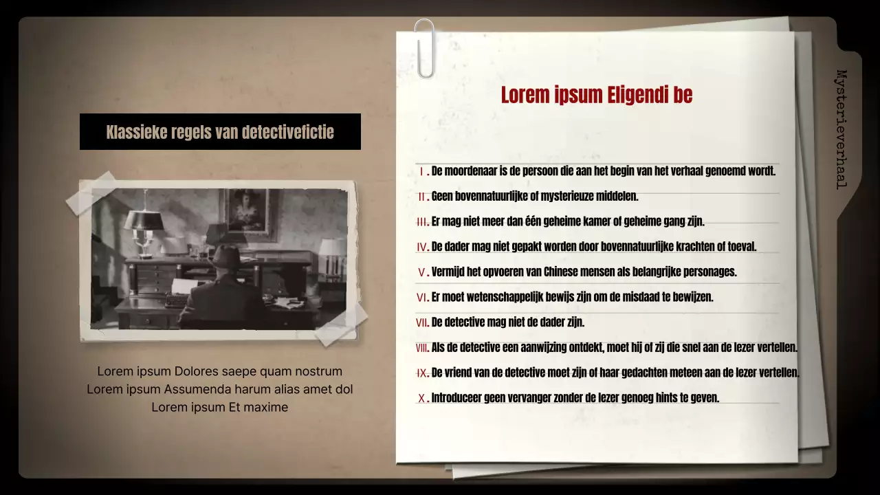 Mysterieromans met zwarte achtergronden en bruine archiefkasten analyseren