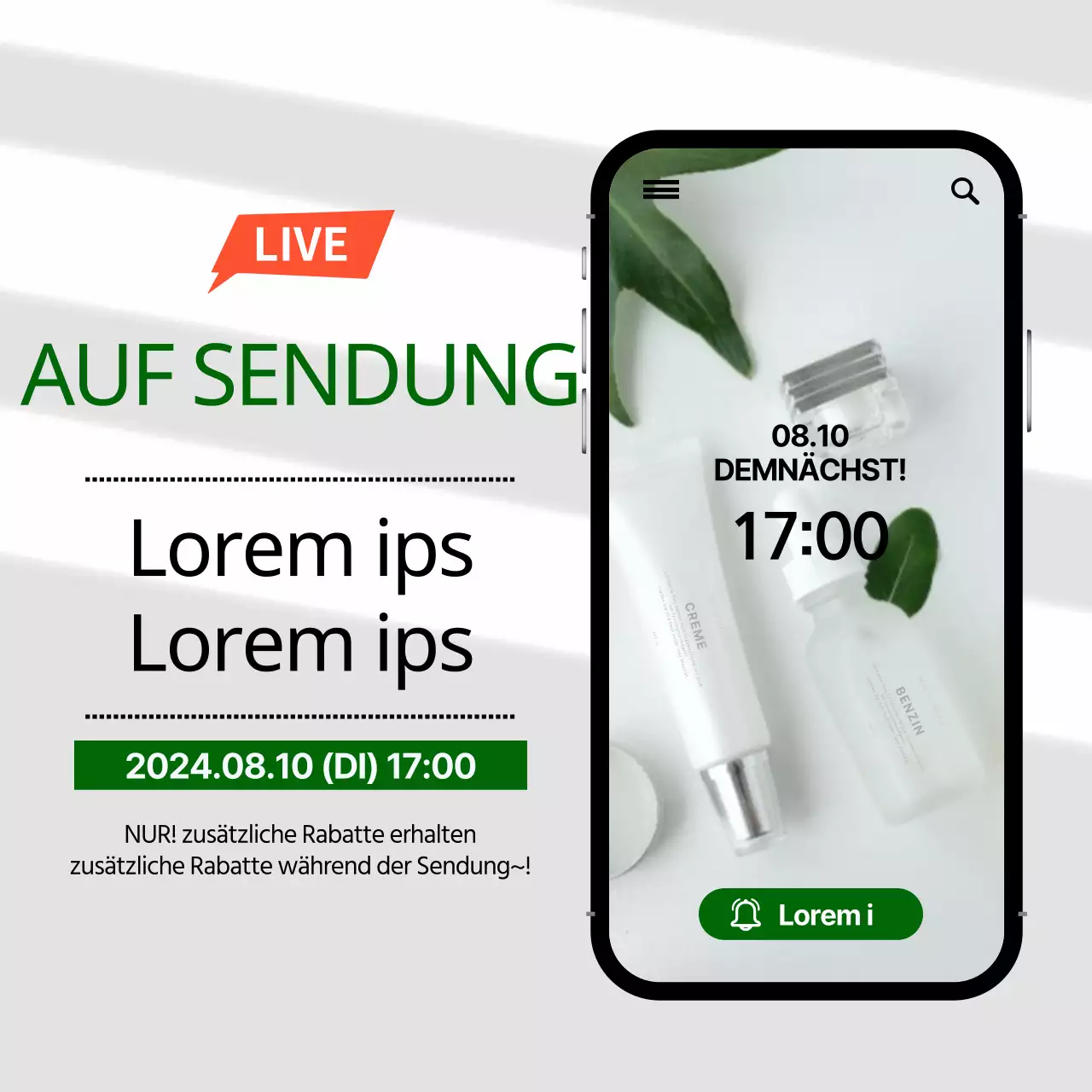 Live-Shopping von Kosmetika in einem grün-schwarzen Handyrahmen