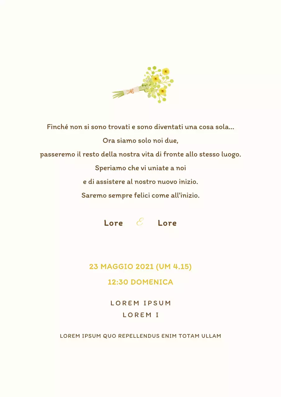 Cartolina di invito a nozze con illustrazione di un semplice bouquet giallo
