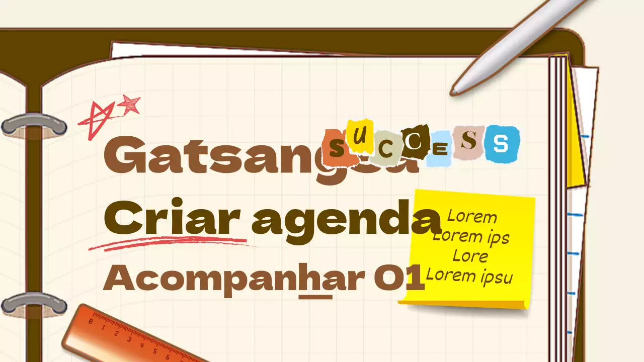Tema de escrita de um planeador com ilustração de material de escritório a branco e castanho