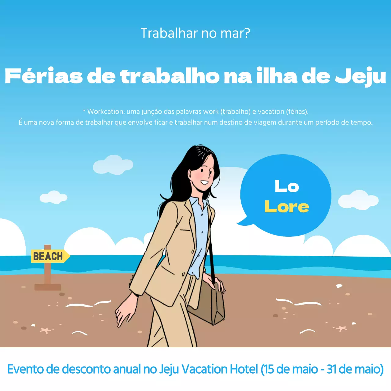 Estadias com desconto no hotel de férias de trabalho da ilha de Jeju com um conceito de ilustração de desenhos animados do mar azul
