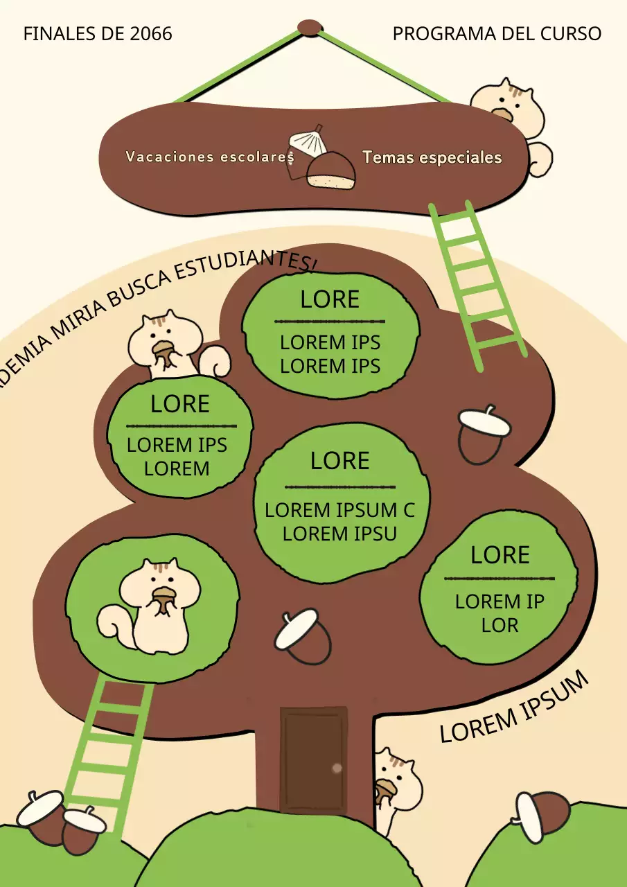 Un bonito concepto de árbol de bellota en marrón y verde para las vacaciones escolares