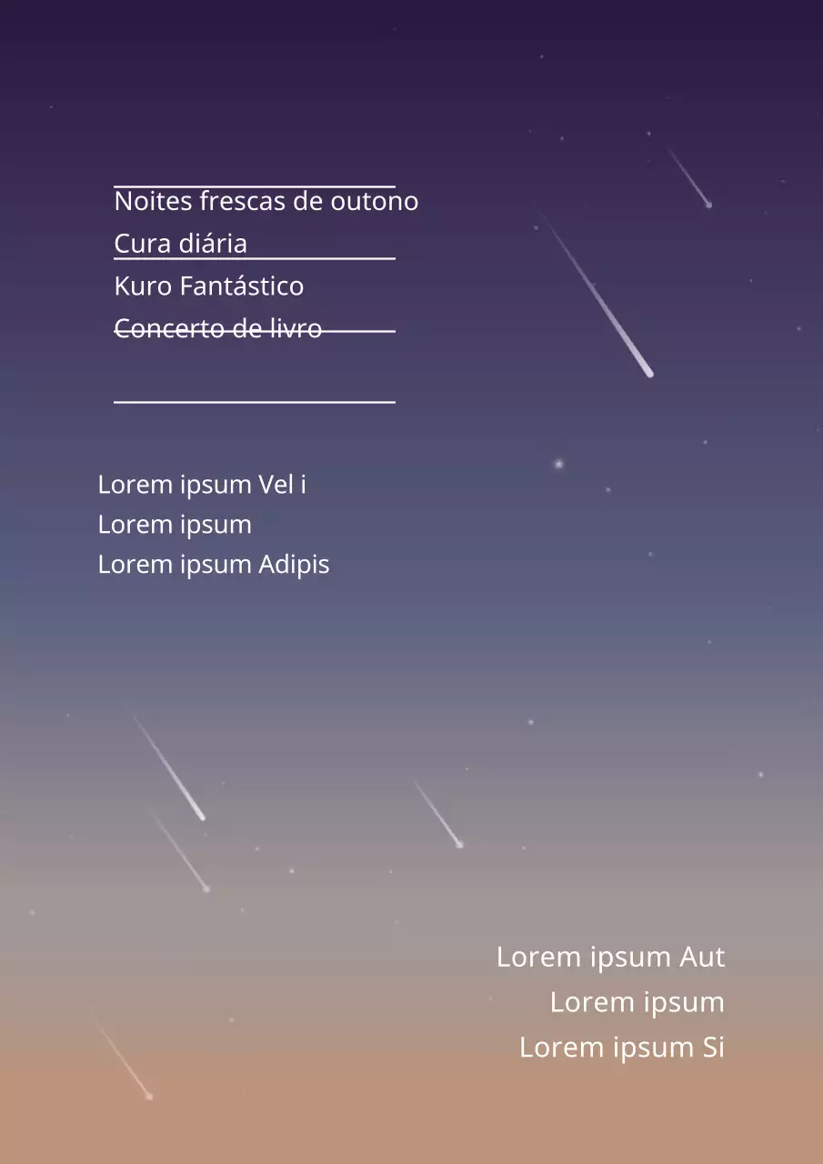 Promover um concerto com uma ilustração de um céu noturno com estrelas cadentes azuis e castanhas