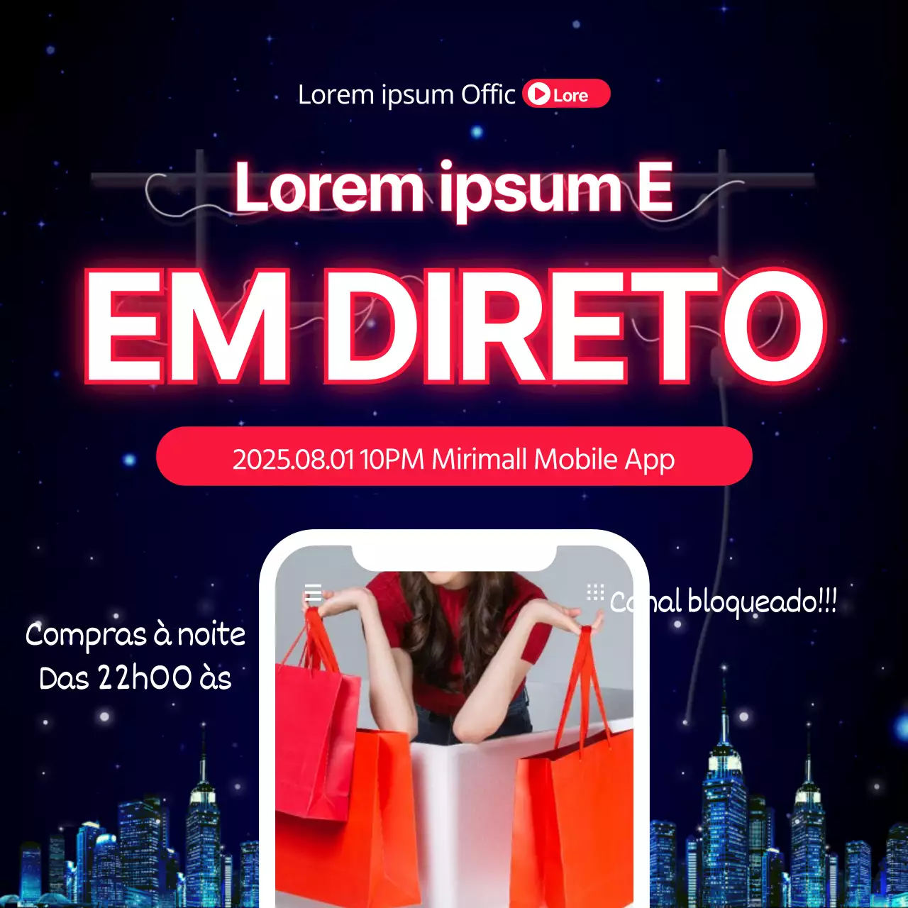 Compras nocturnas em molduras de telefone vermelhas e azuisCompras em direto no ar