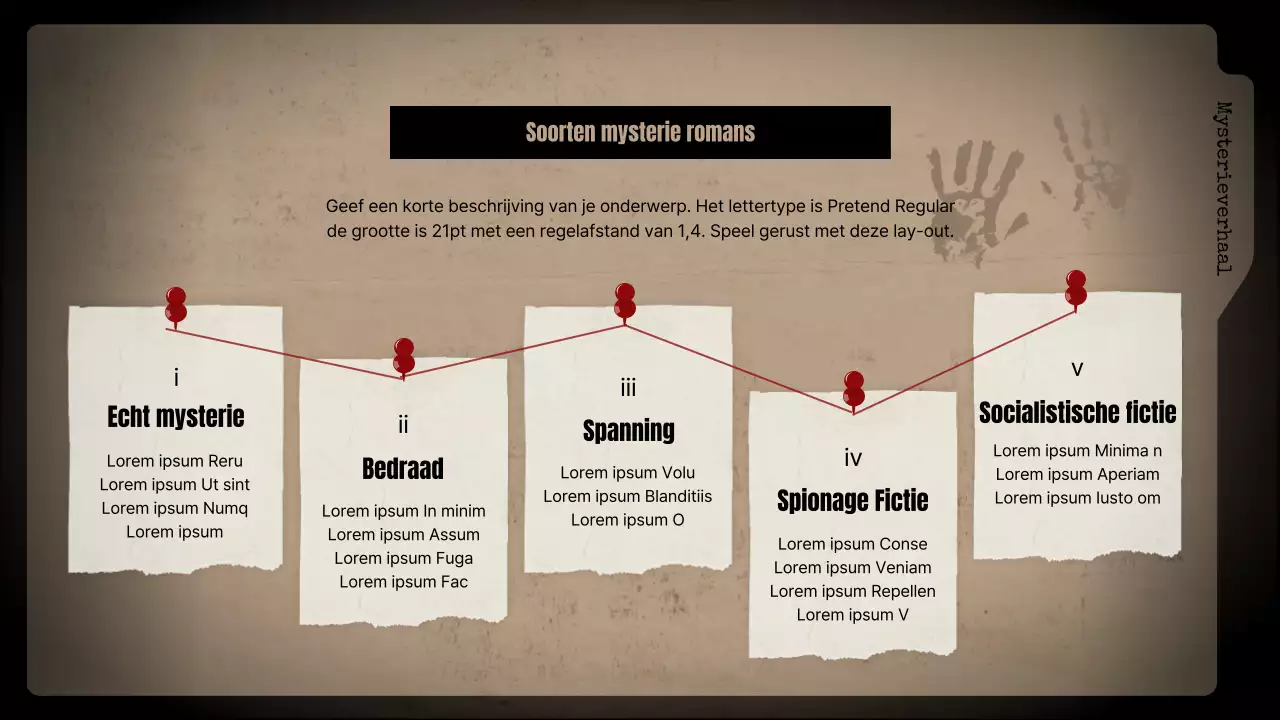 Mysterieromans met zwarte achtergronden en bruine archiefkasten analyseren