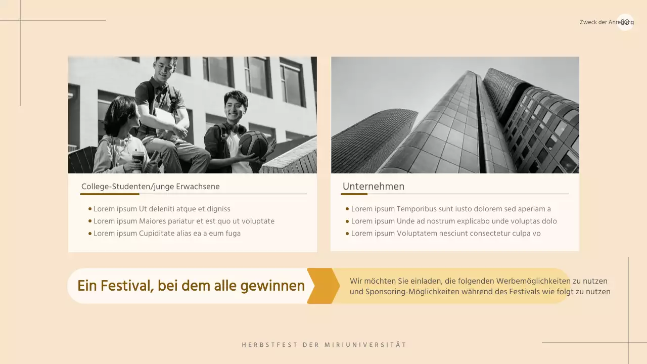 Einfacher beige-schwarz-weißer Vorschlag für das Sponsoring eines Universitätsfestivals