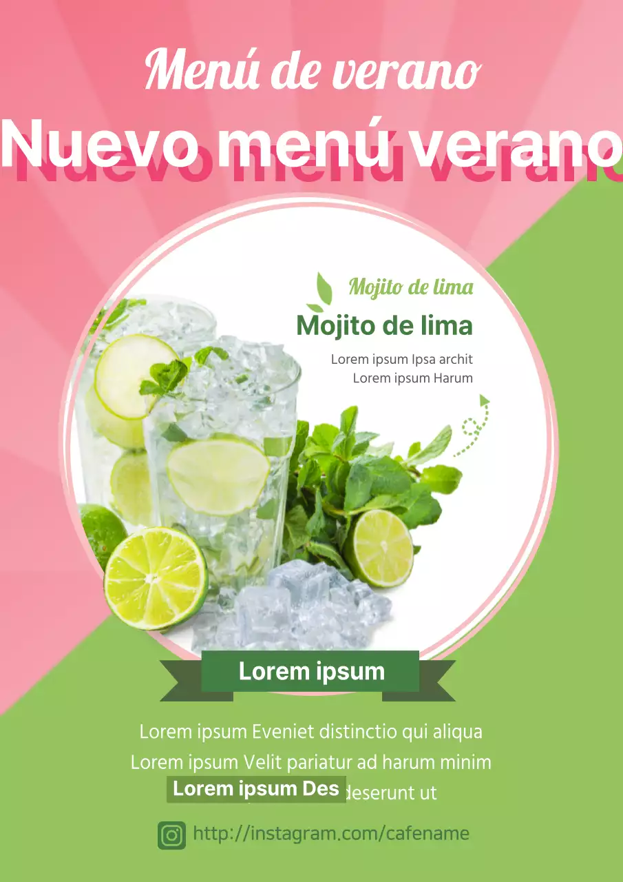 Promocione y rebaje el nuevo mojito de lima de verano de la cafetería en rosa y menta.