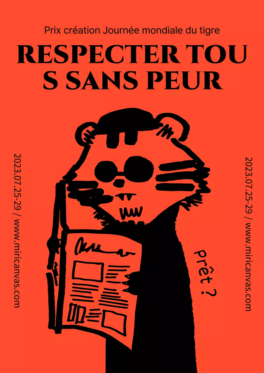 Tigre dessiné à la main lisant un journal avec de jolies lunettes de soleil orange et noires