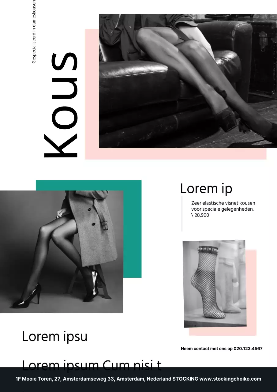 Promoot kousen met een zwart-wit foto van turquoise en roze kousen