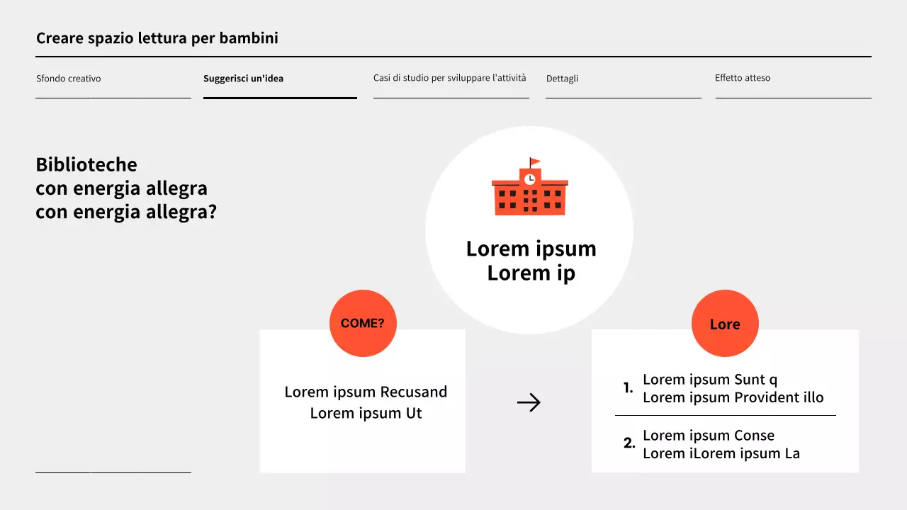 Semplice proposta di rivitalizzazione della biblioteca in arancione e grigio