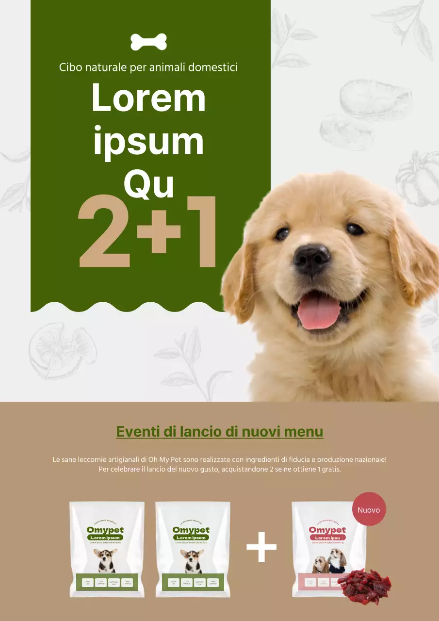 Volantino promozionale per crocchette per cani verde e oro