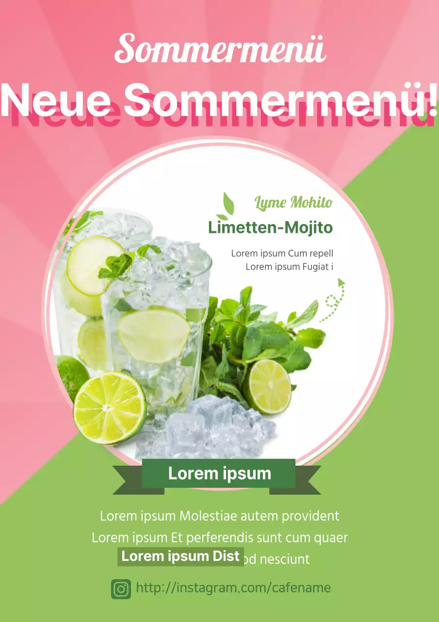 Bewerben Sie den neuen Sommer-Limetten-Mojito des Cafés in Pink und Minze und geben Sie ihm Rabatt.