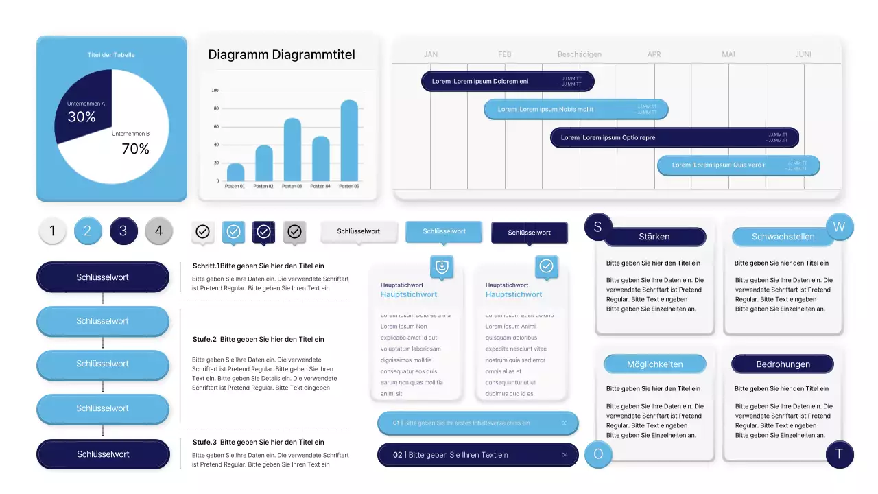 UX UI Style Kit mit dreidimensionaler Anmutung in Hellblau und Marineblau