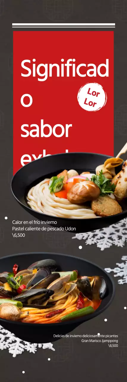 Promocione un plato de fideos calientes de invierno con una ilustración de cristal de nieve rojo