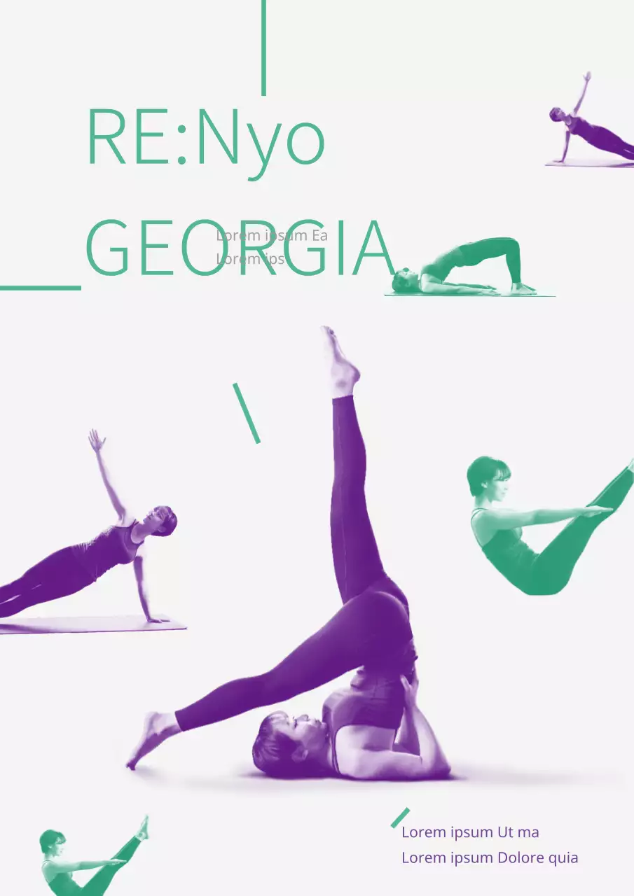 Folleto de descuento para eventos de la escuela de yoga Simple Pilates en verde y morado