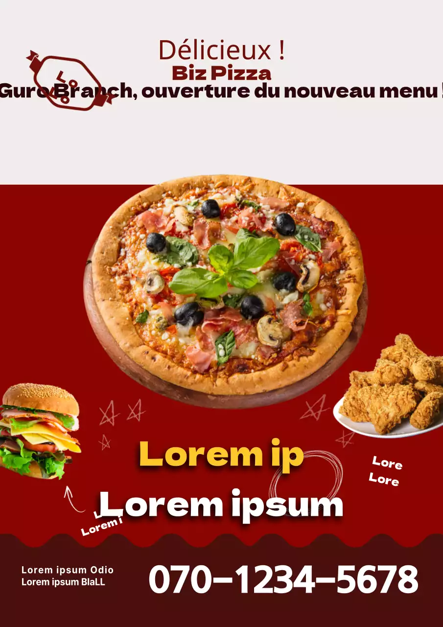 Un simple dépliant rouge et brun pour le nouveau menu d'une pizzeria.
