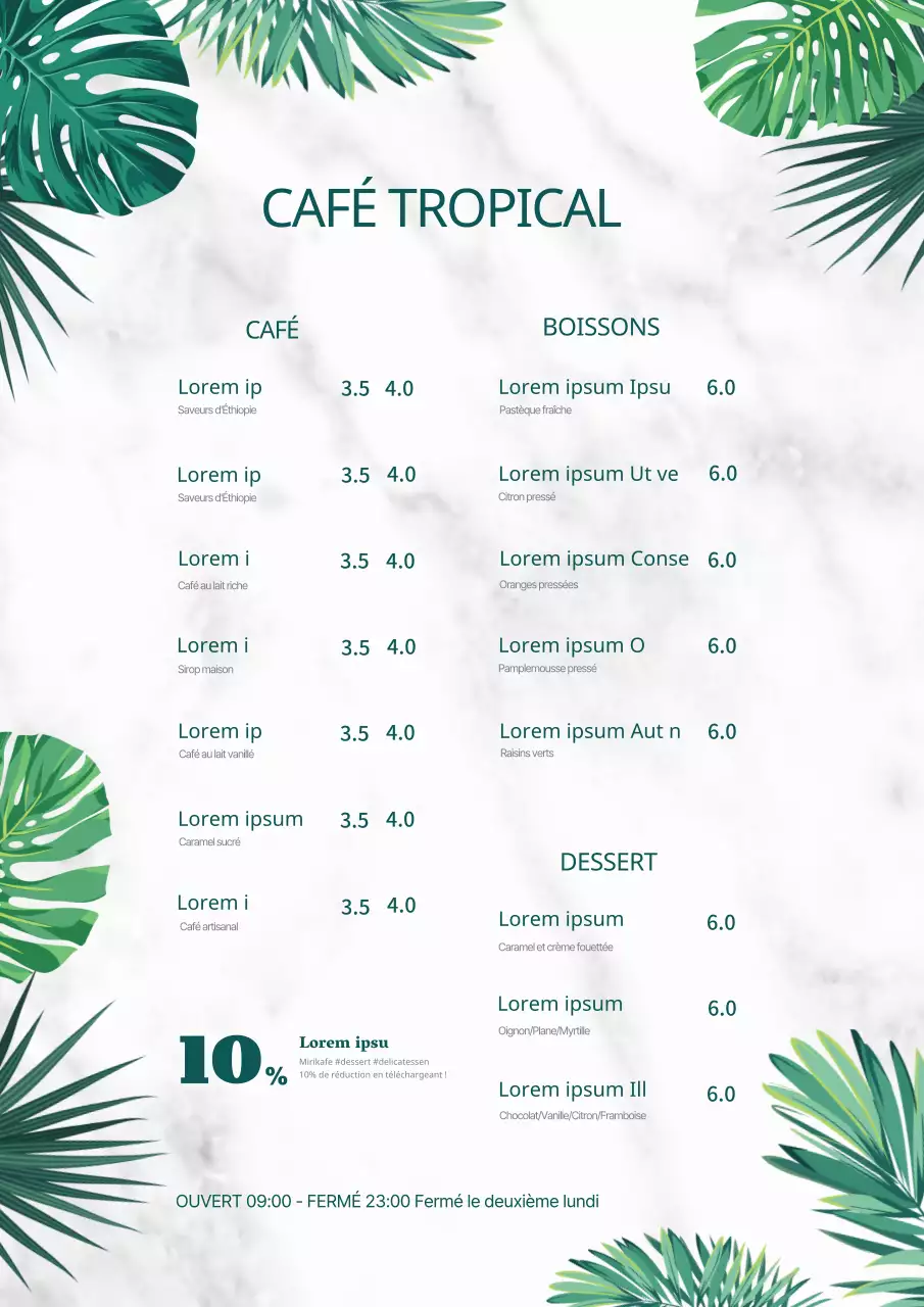 Menus illustrés de cafés tropicaux