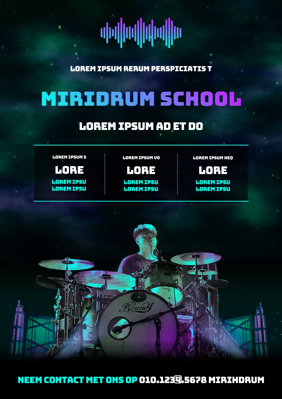 Neonkleurig mysterieus poollicht promotiethema voor drumschool