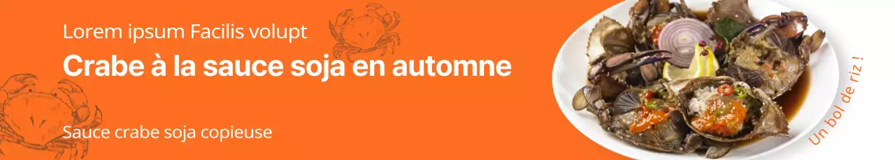 La restauration saisonnière d'automne est soigneusement présentée avec des fonds orange vif et des photos de gâteaux de crabe.