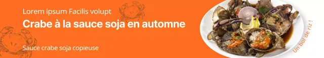 La restauration saisonnière d'automne est soigneusement présentée avec des fonds orange vif et des photos de gâteaux de crabe.