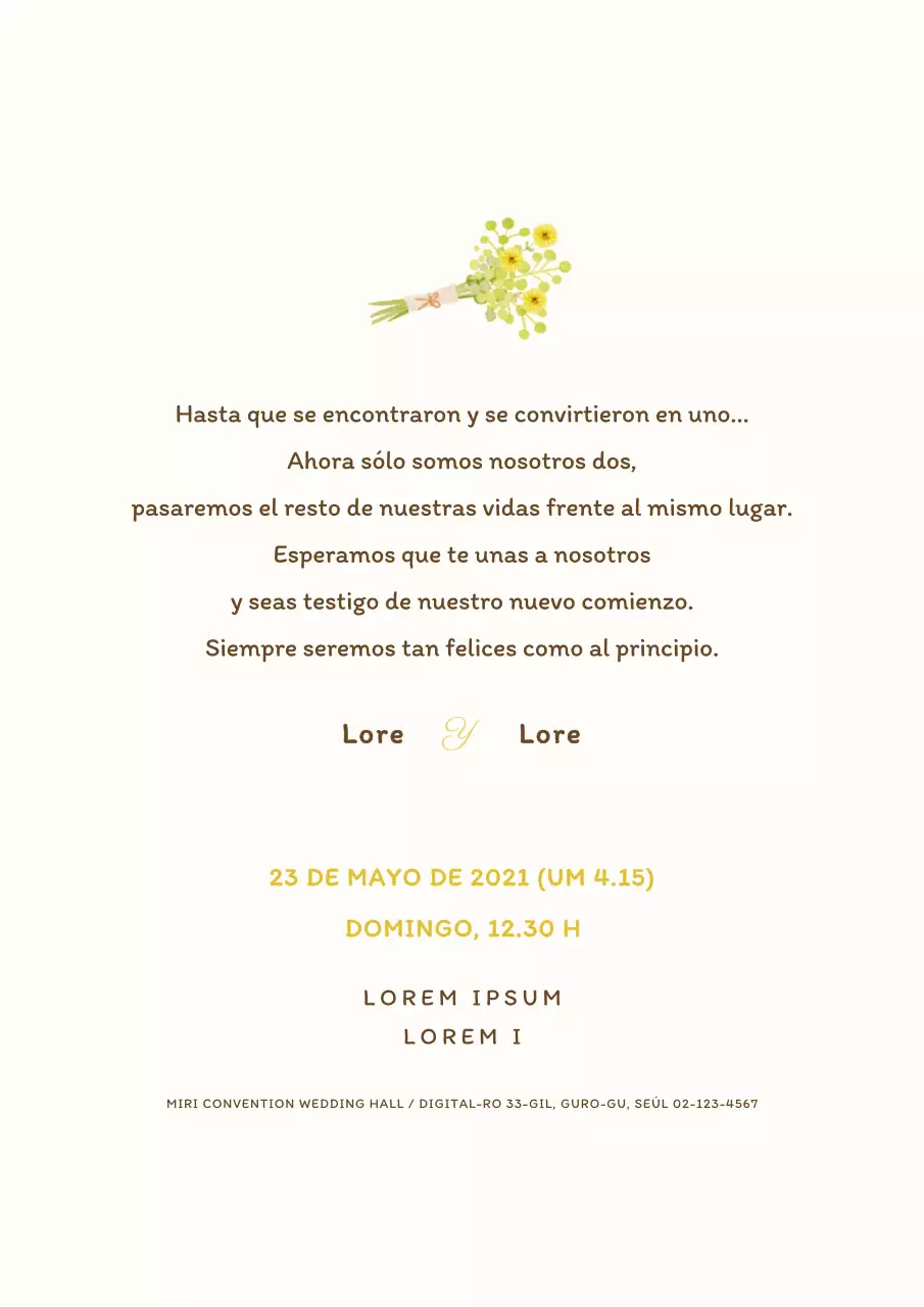 Postal de invitación de boda con una sencilla ilustración de un ramo amarillo