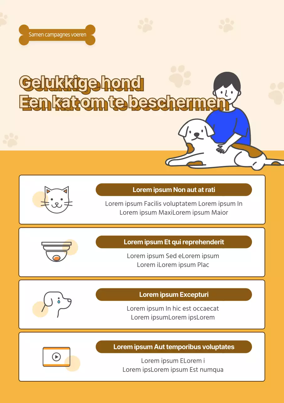 Beige en bruine illustraties voor de campagne tegen dierenmishandeling.