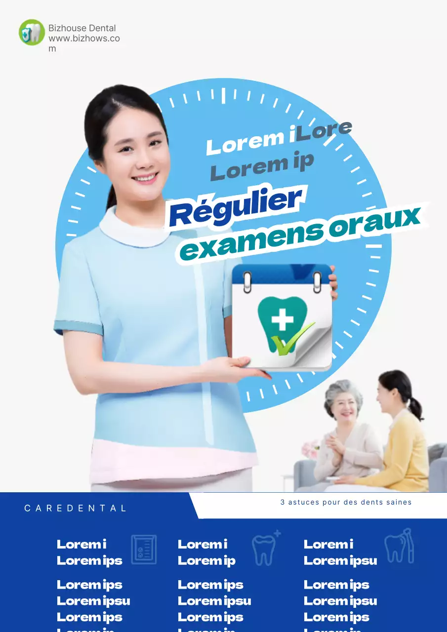Faites la promotion des examens dentaires de routine avec une image soignée d'une infirmière sympathique en bleu.