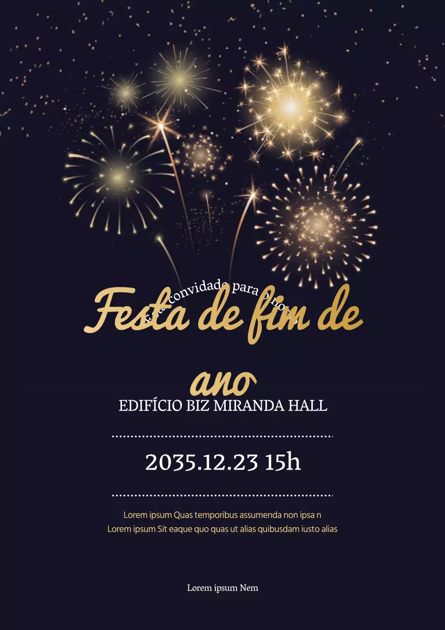 Ilustração de fogo de artifício preto e dourado anúncio de festa de fim de ano