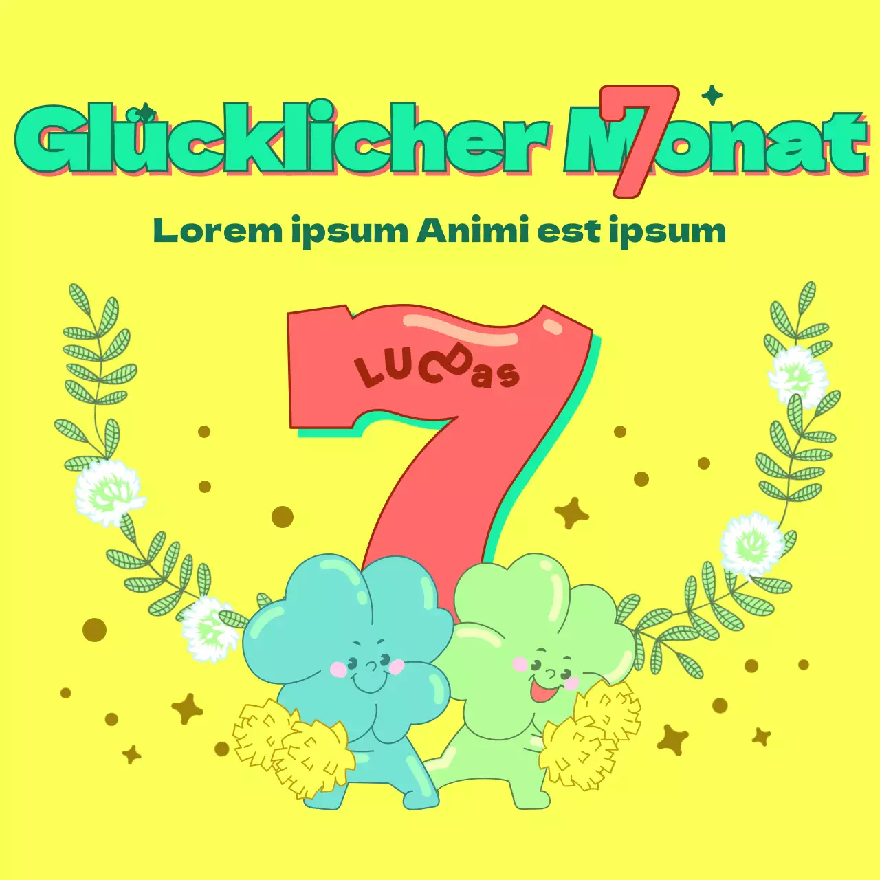 Gelbes Viel-Glück-Thema mit hellen und niedlichen Charakter-Illustrationen