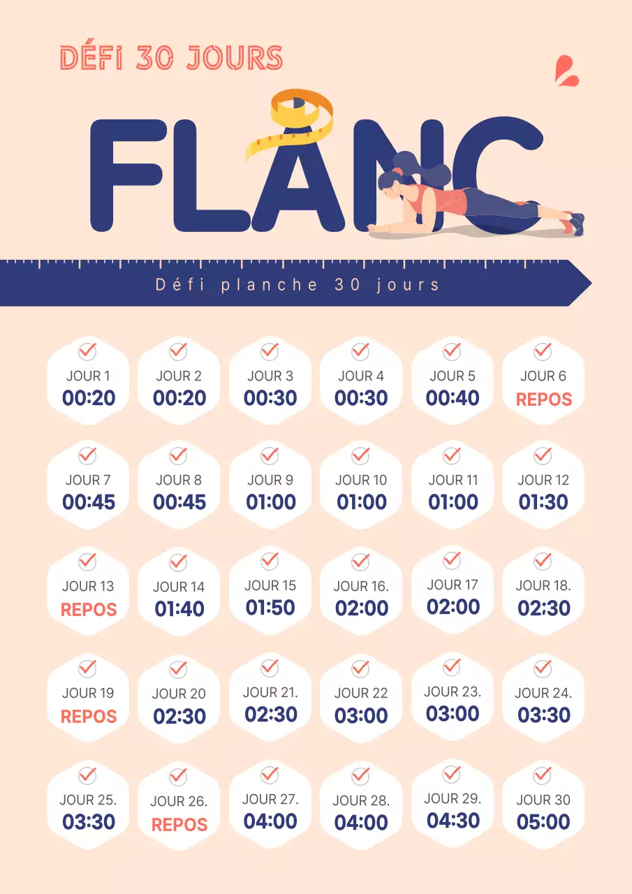 Exercices de planche en bleu marine et rose Tableau du défi d'un mois