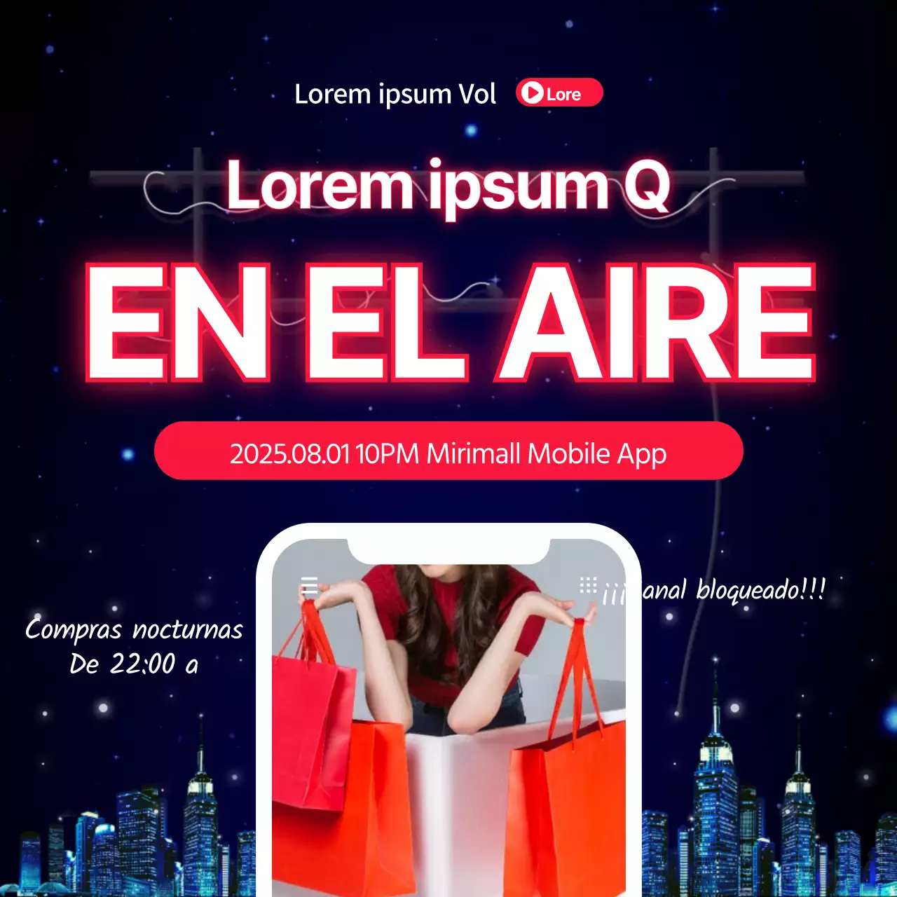Compras nocturnas en marcos de teléfono rojos y azulesCompras en directo en directo