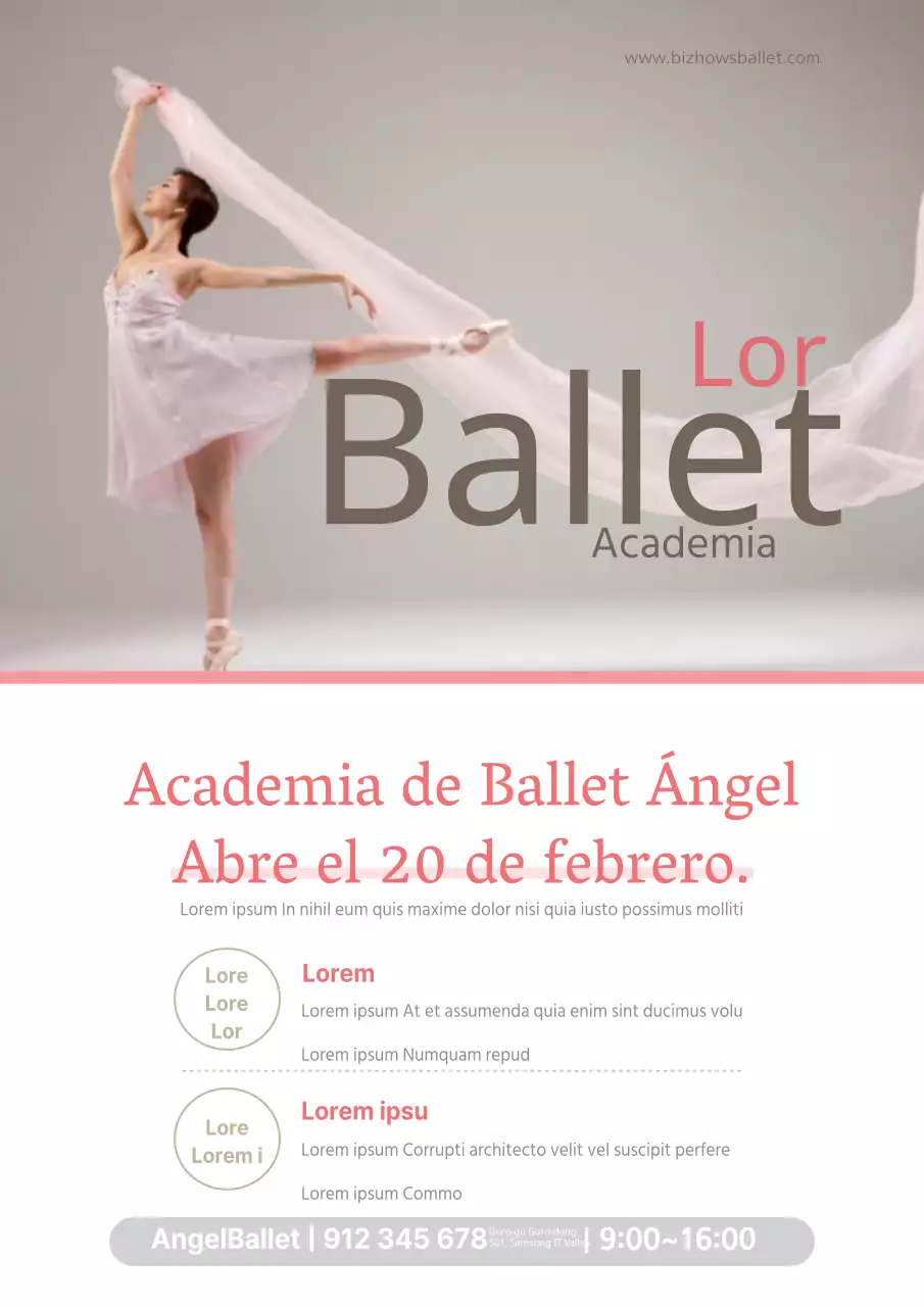 Promociona la apertura de una academia de ballet con una foto de una bailarina vestida de rosa.